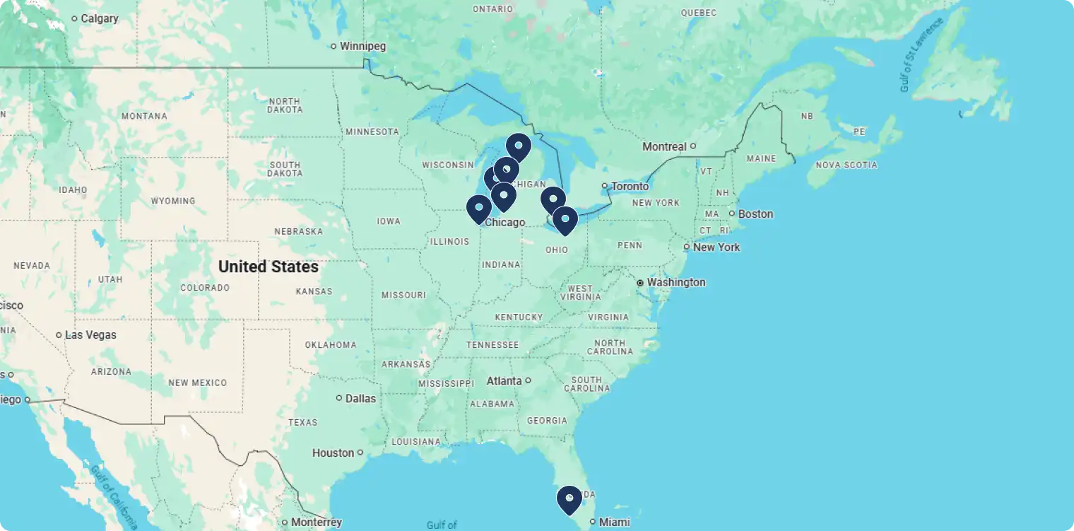 map of the Continental United States highlighting sales/service locations