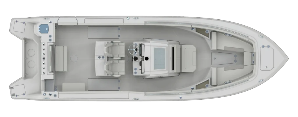 Top-down view of a luxury motorboat interior layout, showing the helm, dual seating, galley, cabin storage, and open deck areas from above