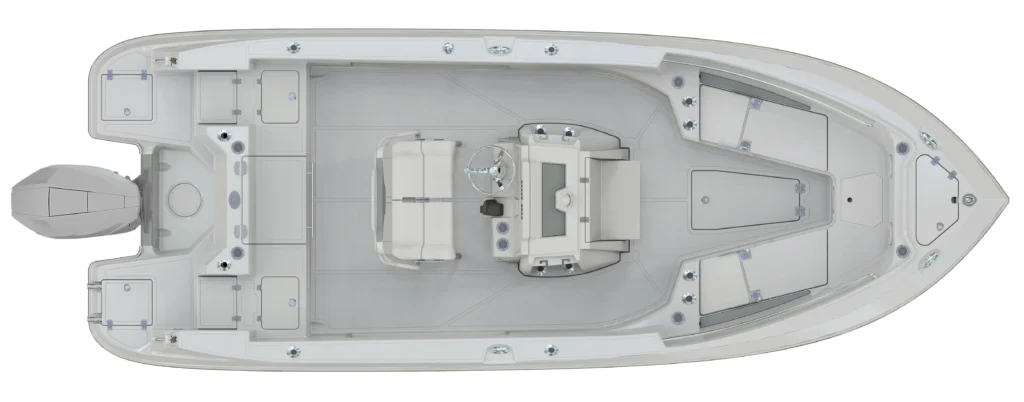 Top-down view of a luxury motorboat showing helm station, seating, and deck compartments.