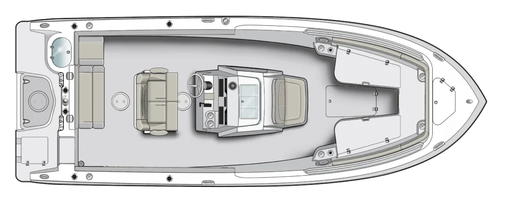 Top-down layout of a motorboat showing helm, seating, seating area, and forward cabin with cabinetry and deck hardware.