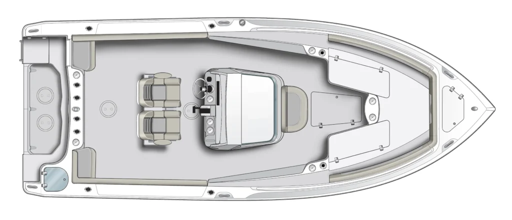 Top-down schematic of a motorboat showing the helm, seating area, and cabin layout from above.