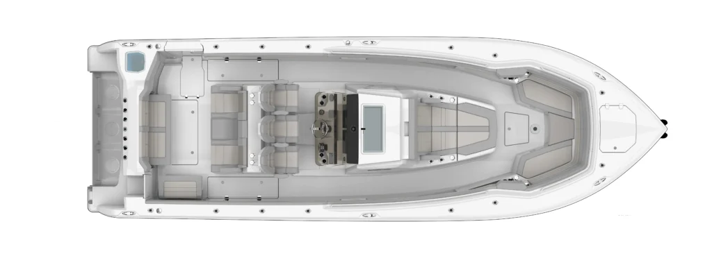 Top-down layout of a luxury motor yacht’s interior, showing cabin areas, helm, seating, and deck arrangement viewed from above sore side-to-starboard symmetry.