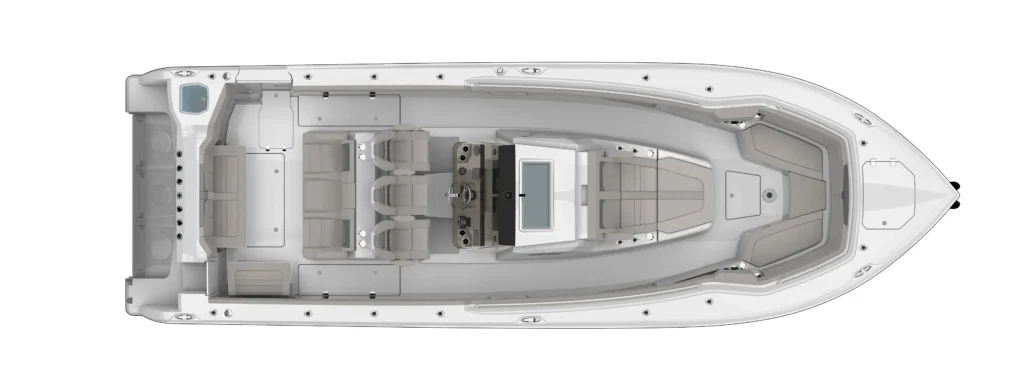 Top-down view of a luxury motorboat interior showing cockpit, seating, and cabin areas in a single deck layout.