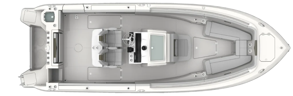 Top-down view of a luxury motorboat interior layout with helm, seating, galley, and storage areas.