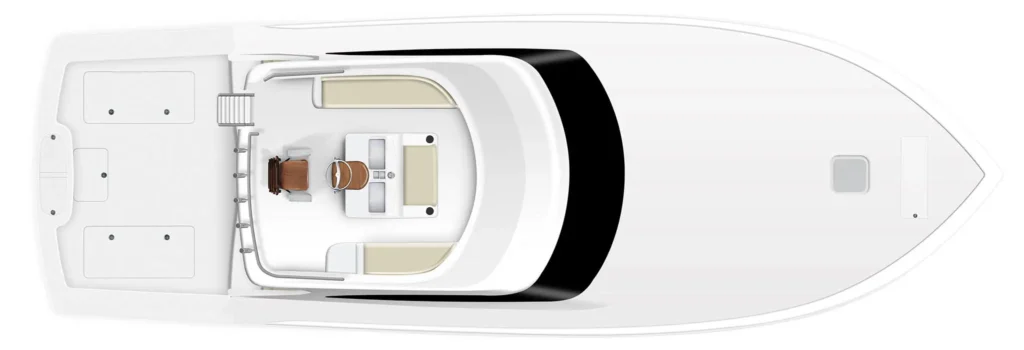 Top-down view of a white motorboat deck, showing the cockpit with curved seating, helm console, and ladder along the side.