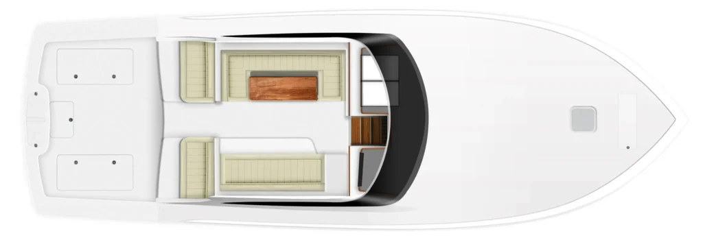 Top-down view of a motor yacht cabin layout with beige seating, a central wooden table, and a curved helm area with dark windshields.