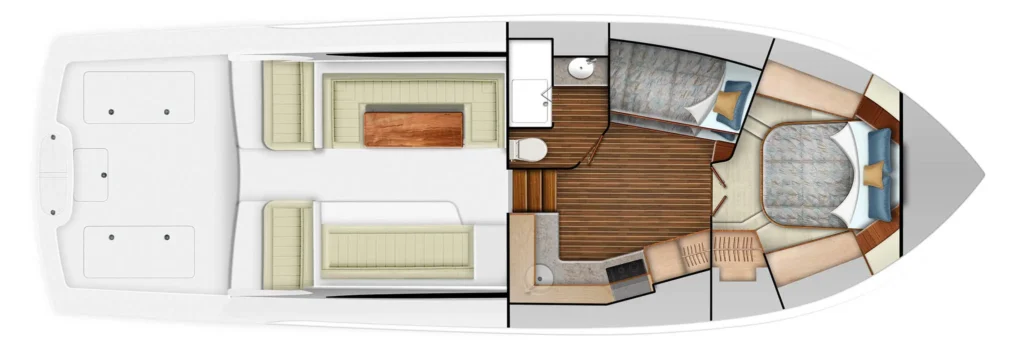 Top-down layout of a luxury yacht interior showing cabins, a galley, bathroom, and lounge areas across the deck plan.