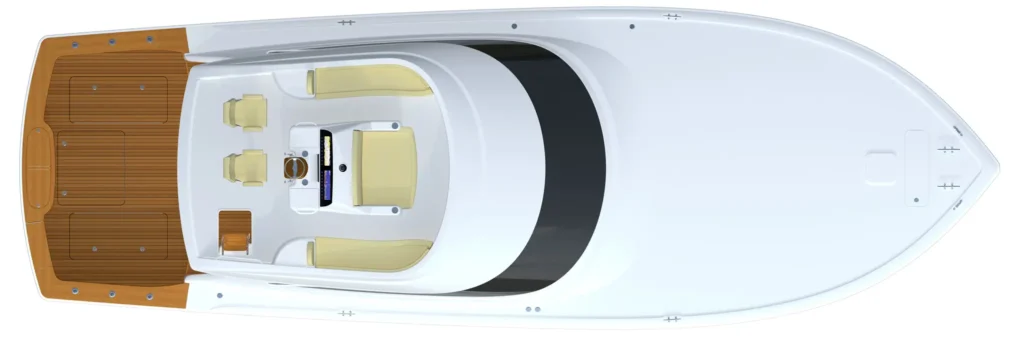 Top-down view of a white motorboat interior, showing beige seats, helm console, and wooden aft deck.