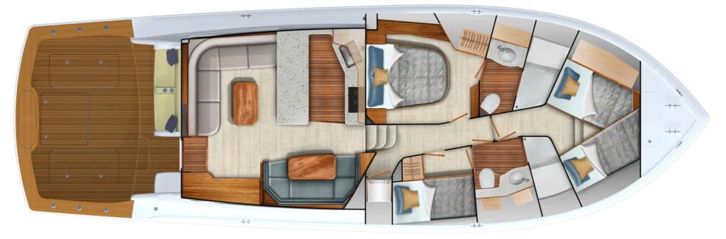 Top-down layout of a luxury yacht interior showing aft deck, living area, galley, stairs, and multiple cabins with heads (bathrooms).