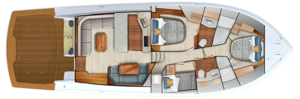 Top-down cutaway of a luxury yacht interior showing an aft deck, a lounge with seating and dining table, a galley, stairs, and multiple staterooms with en-suite heads along the hull.