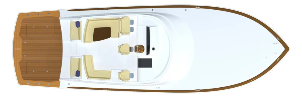 Top-down layout of a luxury motor yacht showing white hull, teak aft deck, and seating areas with a central helm station and dining space.