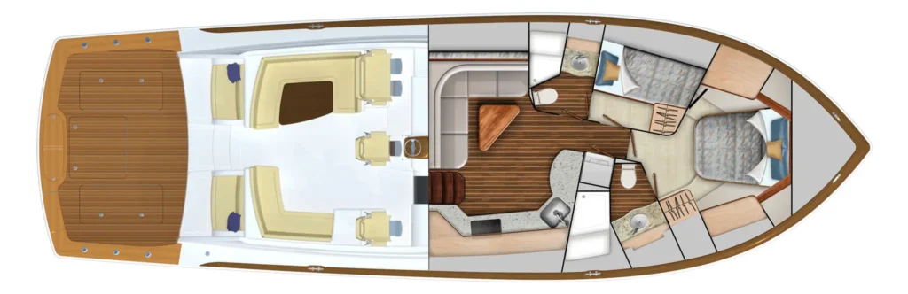 Overhead floor plan of a luxury motor yacht: aft teak deck, salon, galley, head, and forward cabins in a single deck layout. (top-down view)