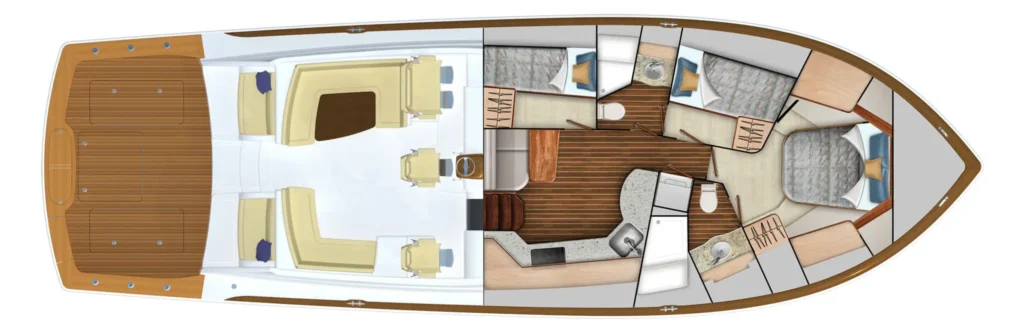 Top-down layout of a motor yacht showing exterior deck aft, main salon, galley, heads, and multiple cabins with beds (forward master and guest rooms).