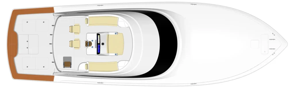 Top-down layout of a luxury motor yacht showing a cockpit with tan seating, central helm, and aft lounging area on a white deck with orange accents along the sides.