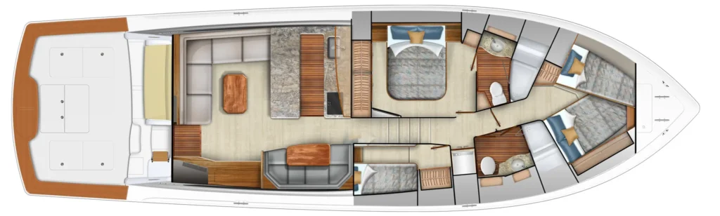 Top-down cutaway of a luxury yacht interior and deck, showing stern lounge area, central living space, galley, multiple bedrooms, bathrooms, and forward master suite.