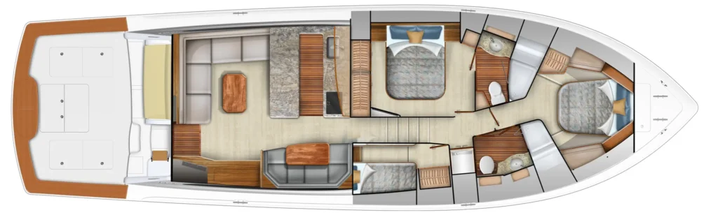 Top-down floor plan of a luxury yacht interior showing aft deck and seating, main salon with dining area, galley, midship corridor, two cabins, two bathrooms, and forward master suite