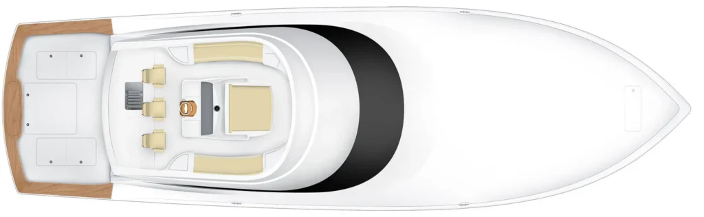 Top-down view of a white luxury motorboat interior with beige seating around a central helm, teak aft deck, and a black stripe along the cockpit.