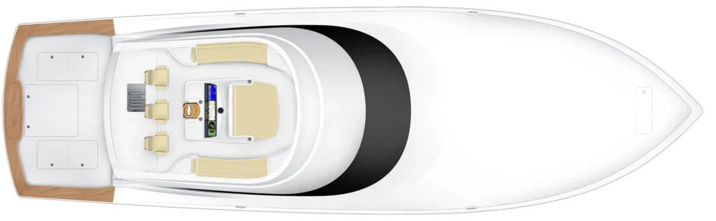 Top-down view of a motorboat interior showing beige seating around a central control console and wood aft deck.
