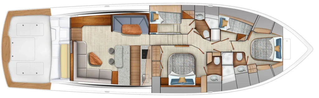 Top-down floor plan of a luxury yacht interior showing cabins, baths, saloon, galley, and dining area.
