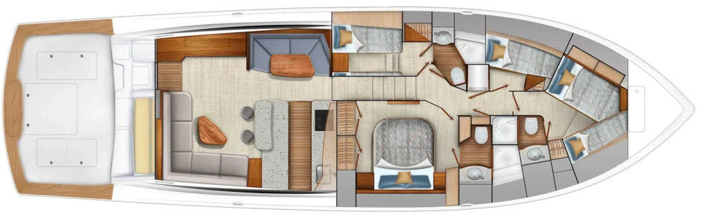 Top-down floor plan of a luxury yacht interior showing the aft master cabin, lounge, galley, guest cabins, and forward staterooms.