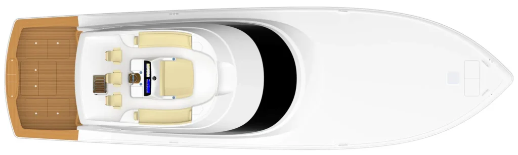 Top-down view of a luxury motor yacht: teak aft deck with seating, white hull, and central helm area with cream-colored seats extending along the cabin.