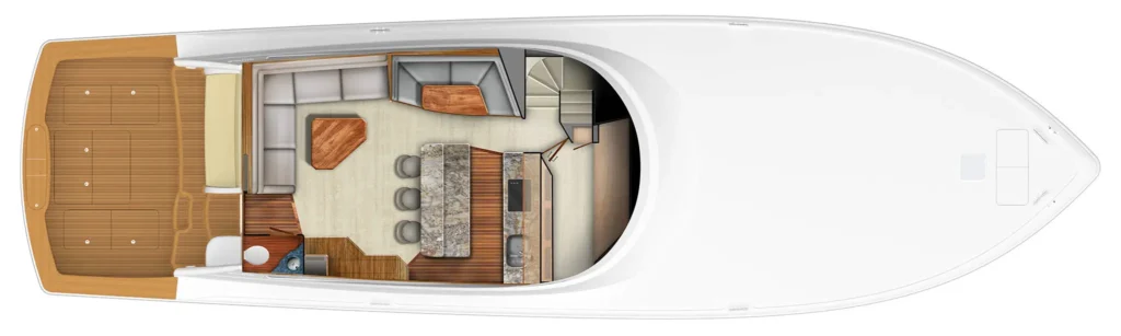 Top-down layout of a luxury yacht interior showing a living area, dining/bar island, kitchen, stairs, and aft outdoor deck.