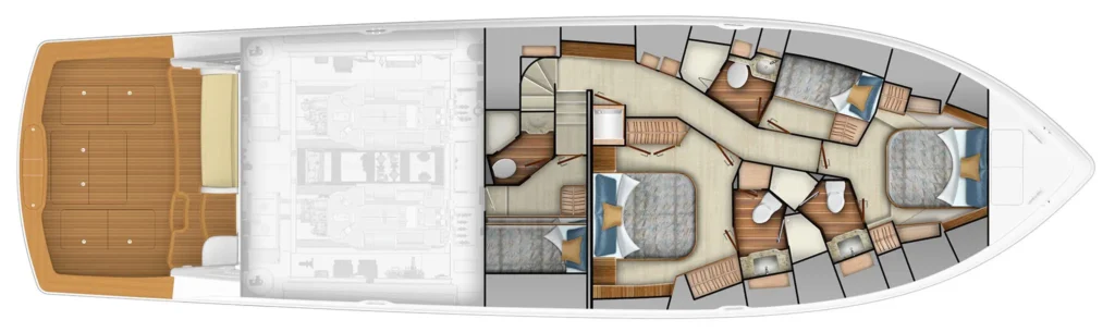 Top-down layout of a luxury motor yacht showing the aft deck, main deck interiors, and multiple cabins and heads throughout the vessel's length.