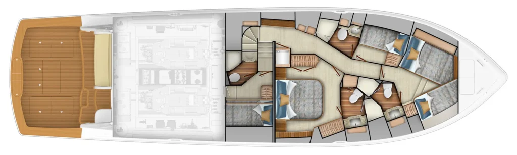 Top-down cutaway of a luxury yacht interior: aft deck, engine area, and multiple cabins with en-suite baths and stairs.
