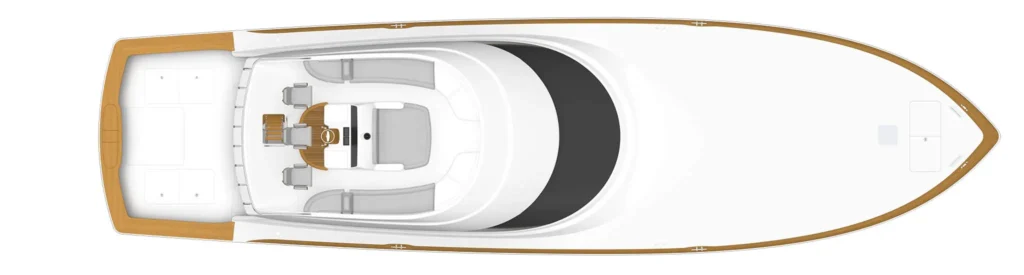 Top-down view of a luxury motor yacht showing teak deck, cockpit seating, and helm area.