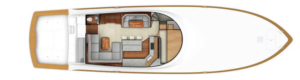 Top-down layout of a luxury motor yacht: rear sun deck, main salon with sofa and dining table, galley, helm, and forward cabin.