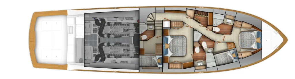 Top-down floor plan of a yacht: engine room in the middle, crew area, and multiple cabins and decks toward the bow and stern.