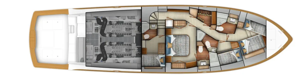 Top-down layout of a luxury yacht showing the engine room aft and multiple cabins, bathrooms, and living areas along the deck plan