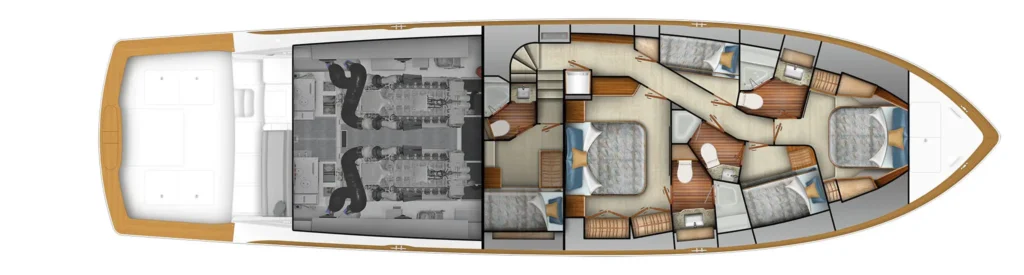 Top-down cutaway of a luxury motor yacht showing the engine room, crew areas, and multiple cabins with private baths.