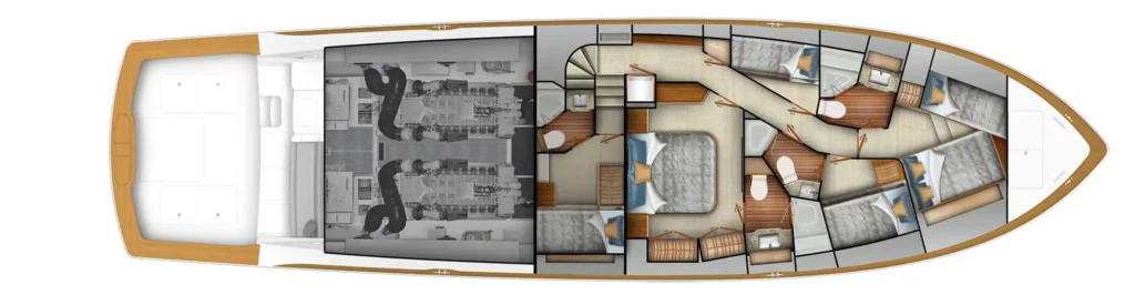 Top-down layout of a luxury yacht showing the engine room, crew area, and multiple passenger cabins from stern to bow.