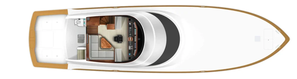Top-down view of a luxury motor yacht interior: spacious salon with wood furnishings, curved seating, helm station, stairs to lower deck, and forward deck layouts visible.