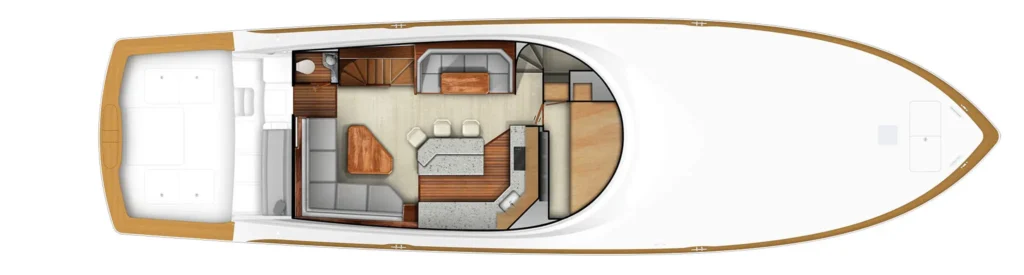 Top-down floor plan of a luxury motor yacht interior: main salon with seating, dining area, galley, stairs, and cabin at the bow and stern areas.