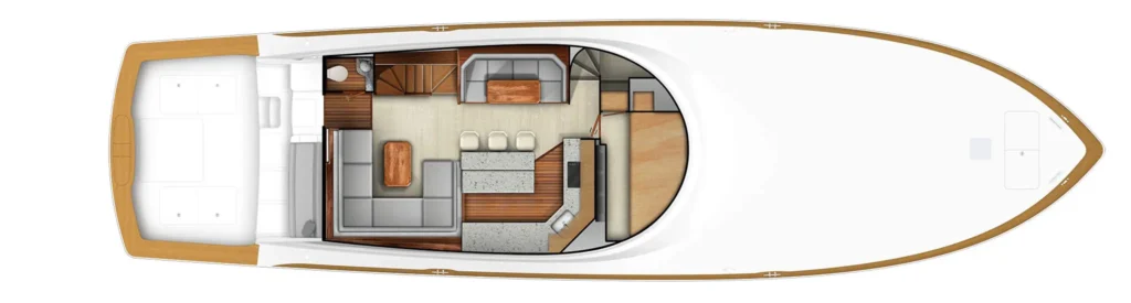 Top-down floor plan of a luxury motor yacht showing the aft seating area, central lounge with sofa and table, galley/kitchen, and forward cabins/bridge area.