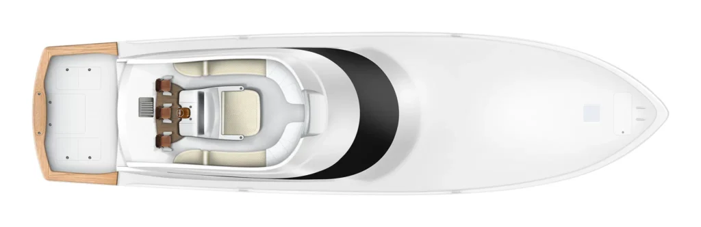 Top-down view of a white luxury motorboat with a wooden stern deck and open cockpit, seating around a central table.