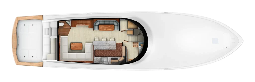 Top-down floor plan of a luxury yacht, showing aft deck seating, living area, dining table, kitchen, stairs, and cabins.