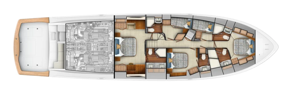 Top-down layout of a luxury yacht showing engine room aft, and multiple cabins, lounges, and bathrooms along the deck.