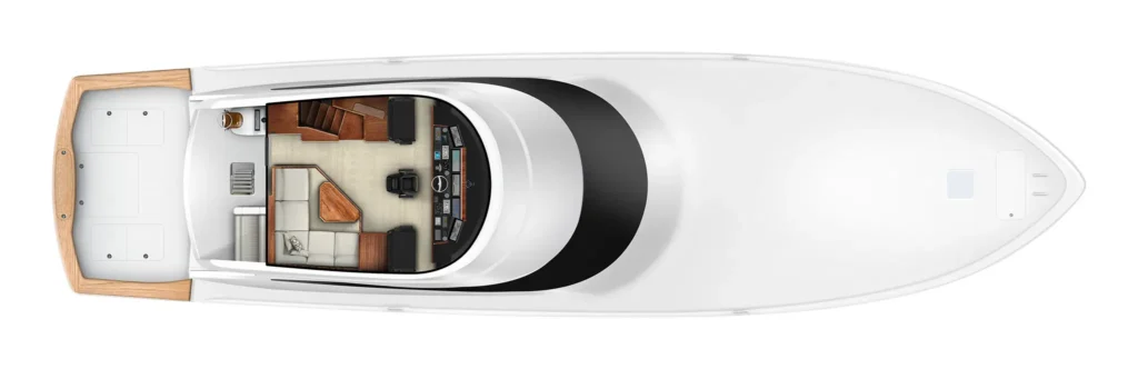 Top-down view of a luxury motor yacht interior layout with helm, lounge seating, and wood accents.
