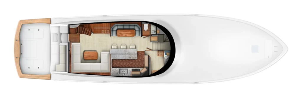 Top-down floor plan of a luxury motor yacht showing aft deck seating, Salon with L-shaped sofa and coffee table, galley and dining area, helm/stairs to upper levels, and forward cabin area.