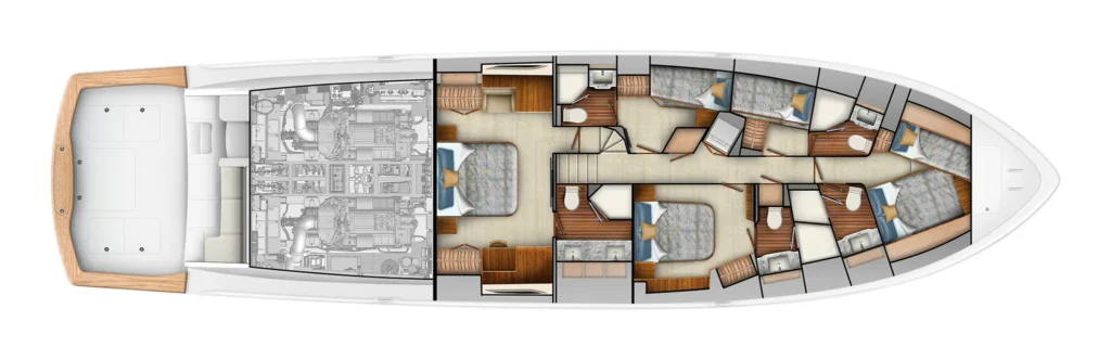 Top-down cutaway of a luxury yacht showing the engine room at the stern and multiple guest cabins, baths, and corridors along the deck variously forward and midship.