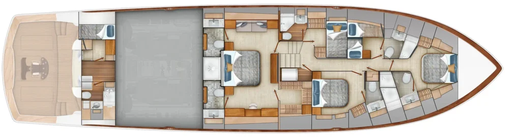 Top-down layout of a luxury yacht interior showing multiple cabins, bathrooms, a central living area, and outdoor aft deck.