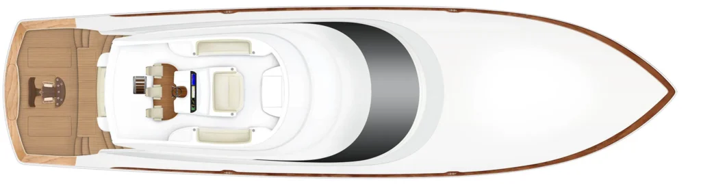 Top-down cutaway view of a white luxury motor yacht showing the aft deck with teak seating and a cockpit, bow forward layout.