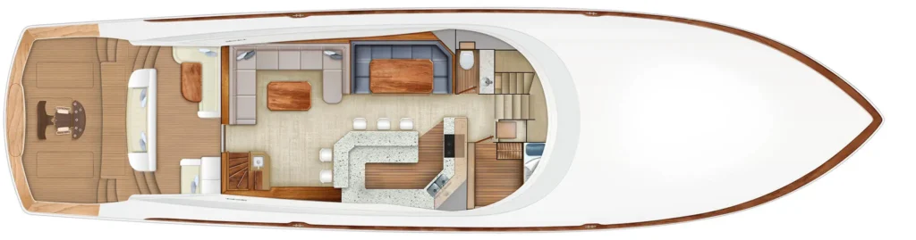 Top-down layout of a luxury motor yacht interior showing aft deck seating, dining area, galley, stairs, and forward accommodation.