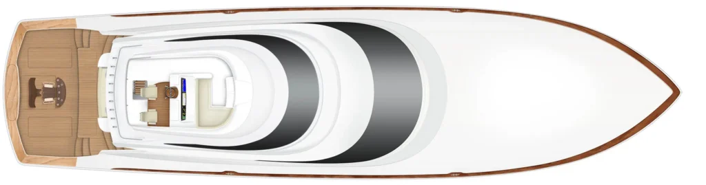 Top-down view of a luxury motor yacht showing multiple decks, teak decking, interior seating, and a forward bow.
