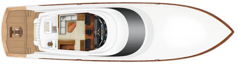 Top-down view of a luxury motor yacht interior and deck, showing aft outdoor seating, main salon, and forward bow area.