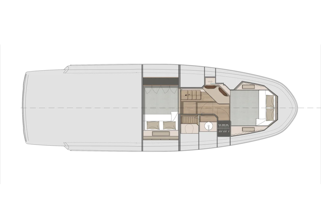 Top-down floor plan of a yacht interior showing cabins, a seating area, galley, and stairs on the deck.