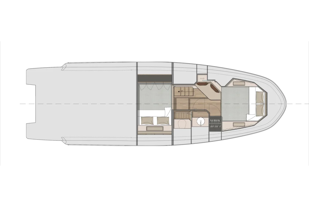 Top-down floor plan of a luxury yacht interior showing the forward bedroom, central living area, dining nook, kitchen/galley, and stairway along a curved hull edge